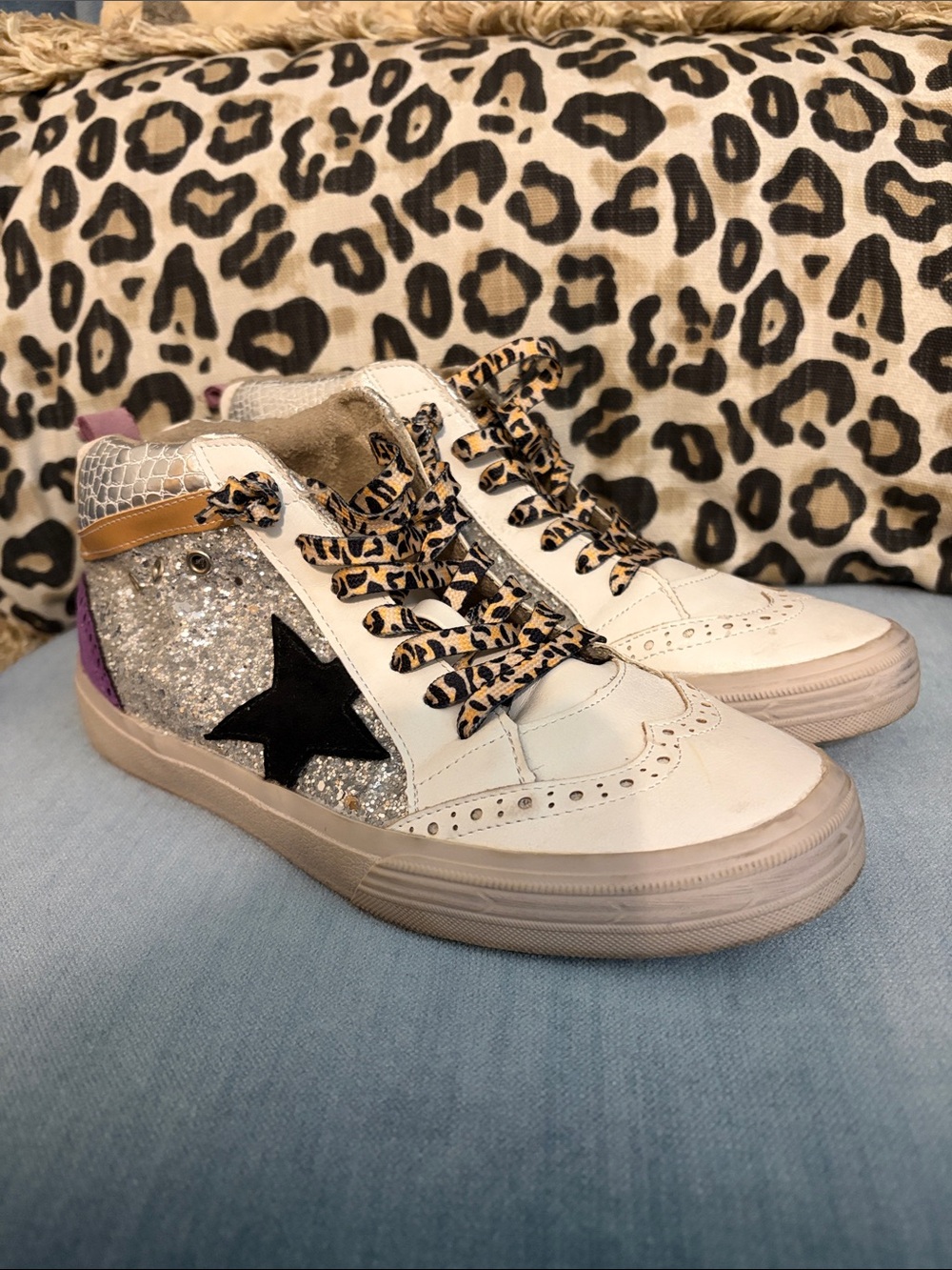 ShuShop Rina White Glitter Star Sneakers with Leopard Laces
